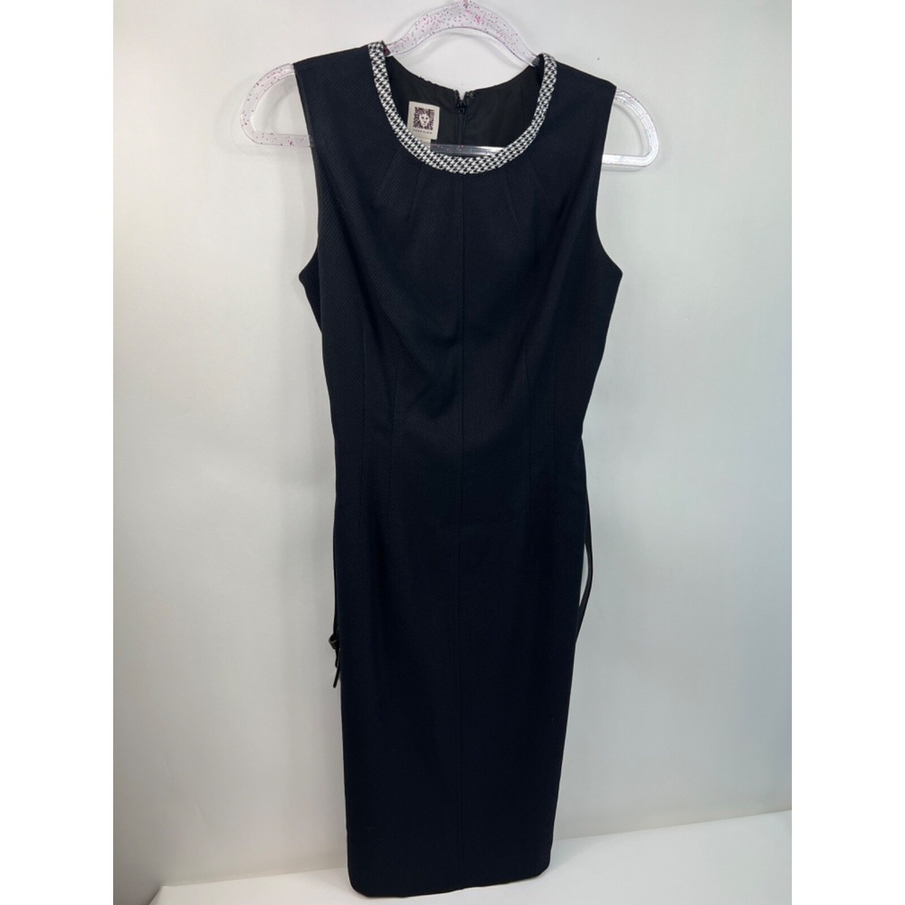 ANNE KLEIN -‎ Black Belted Dress Sheath Women's Size 6 Houndstooth Rim On Neck